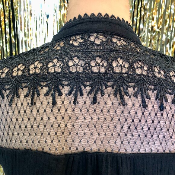 Blue Embroidered Blouse High Lace Collar V-neck Size Small Elegant Holidays - Picture 10 of 16